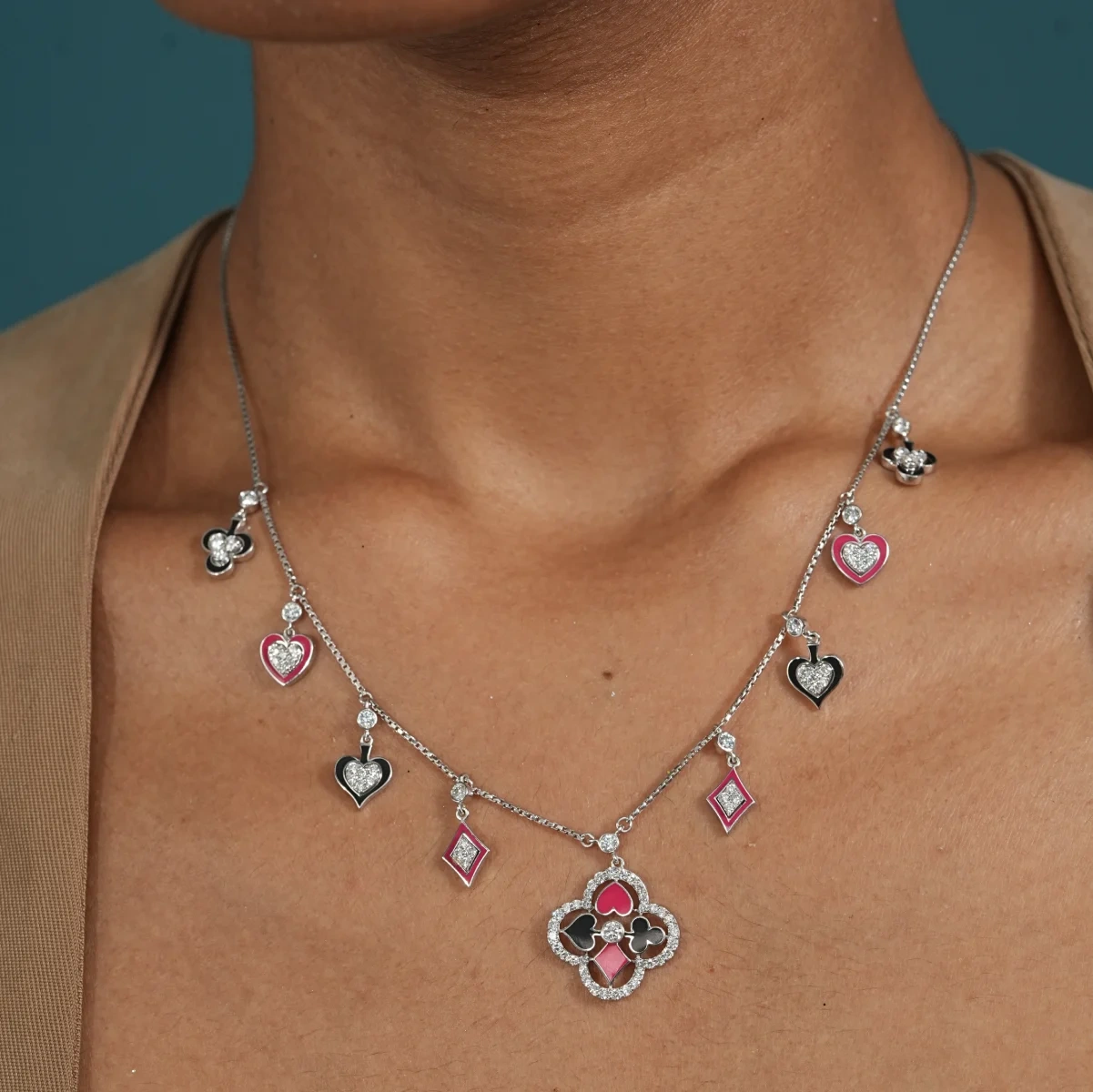 Enamel Heart and Diamond Charm Necklace in Rose Gold
